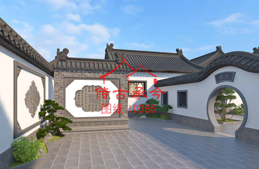 新中式風(fēng)格庭院月亮門(mén)影壁墻效果圖