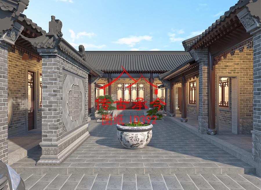 青磚風(fēng)格小型三合院庭院影壁墻效果圖