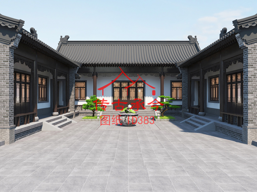 新中式風(fēng)格四合院主房一層效果圖