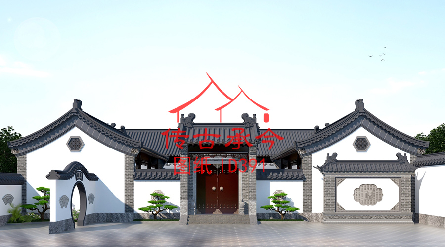 白墻灰瓦新中式四合院大門效果圖