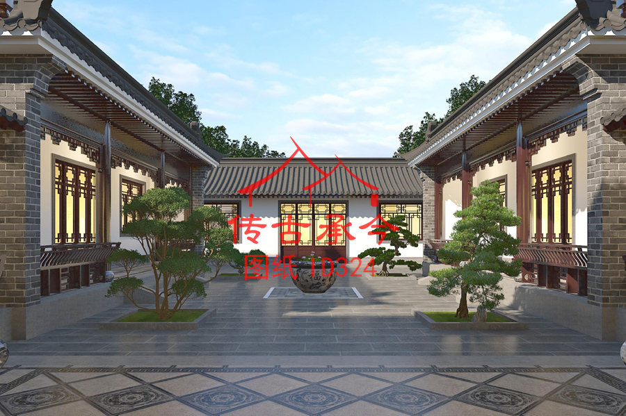 白墻灰瓦四合院地面鋪裝效果圖