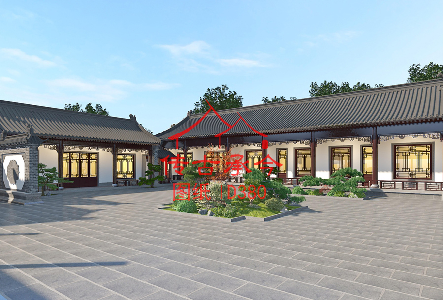 白墻灰瓦風(fēng)格三合院庭院效果圖