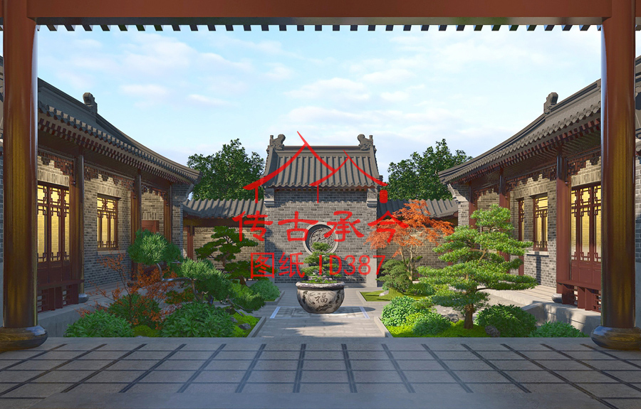 青磚三合院庭院綠化效果圖